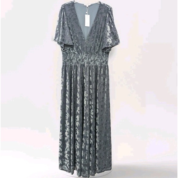 New Baltic Born Veronica Velvet Maxi Dress Sz 2XL Slate Blue Deep V Front Split - Picture 2 of 11